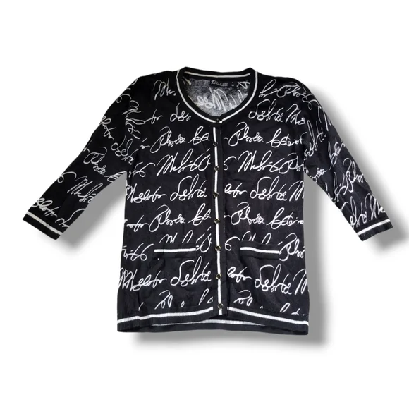 7th Avenue | Cute Black/White Script 3/4 Sleeve Knit Cardigan (SIZE M) - Picture 3 of 13